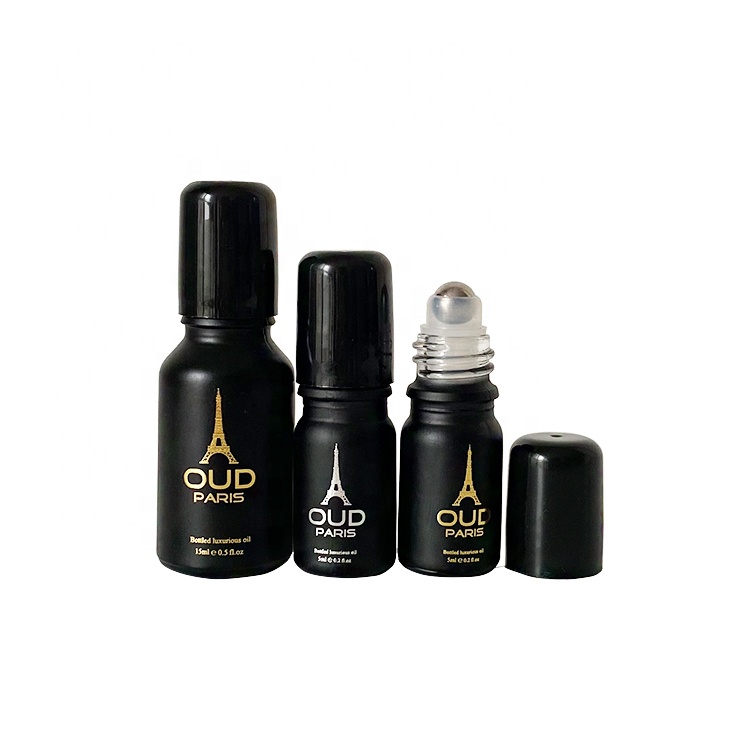 Hot sale essential oil roll on bottle 10ml 30ml matte black glass roller bottle with plastic cap steel ball