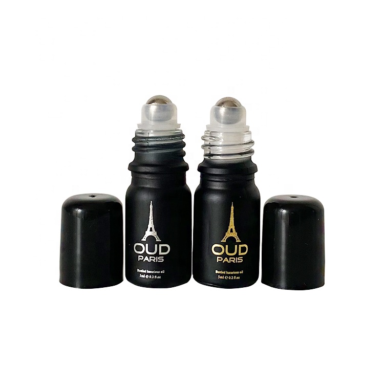Hot sale essential oil roll on bottle 10ml 30ml matte black glass roller bottle with plastic cap steel ball