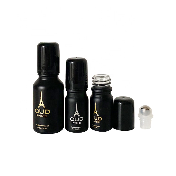 Hot sale essential oil roll on bottle 10ml 30ml matte black glass roller bottle with plastic cap steel ball