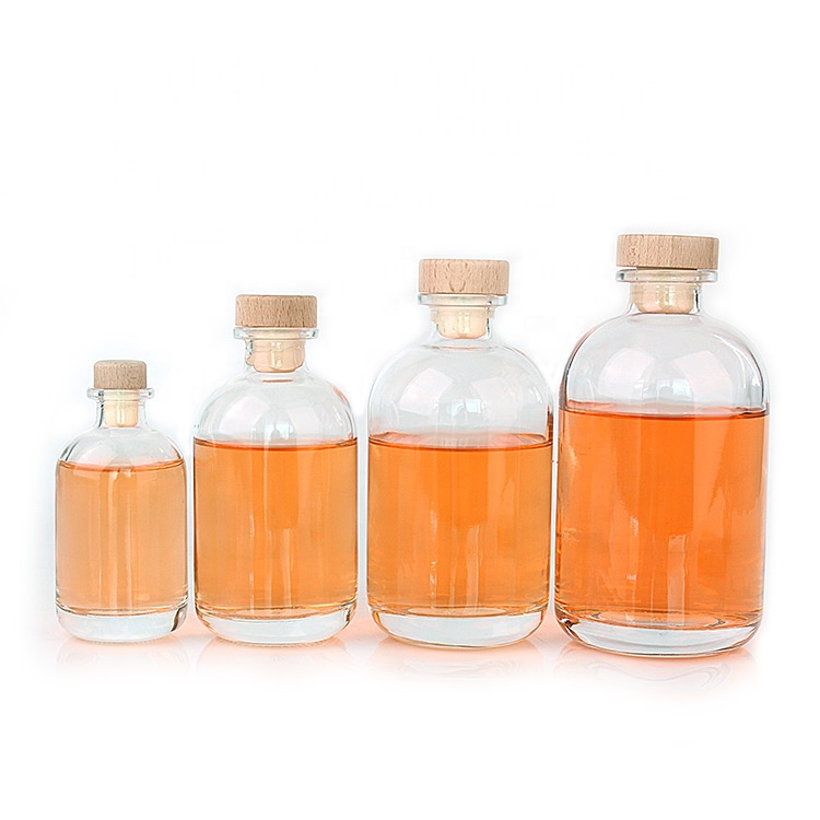 Hot sale fancy round 100ml 250ml 375ml 500ml clear fruit glass wine liquor bottle with cork stopper