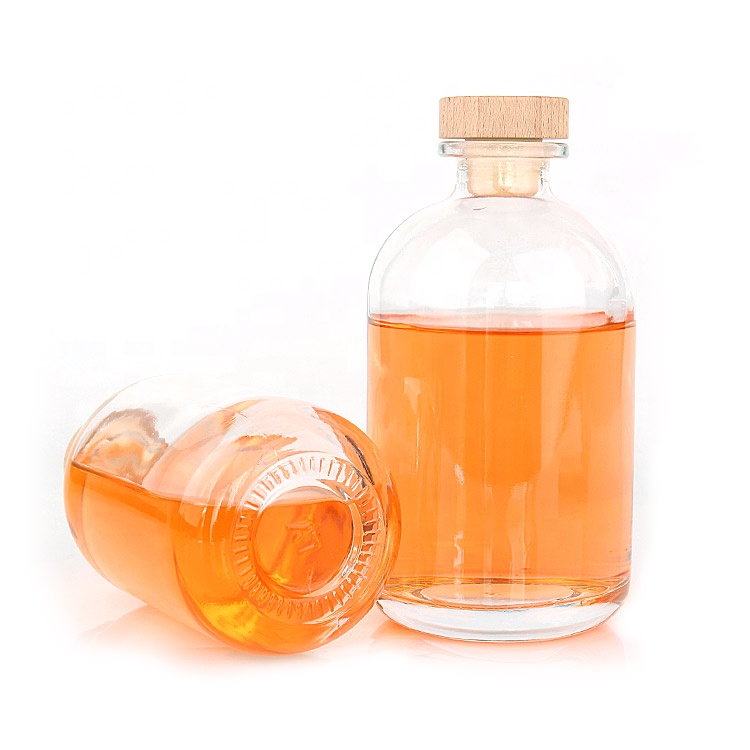 Hot sale fancy round 100ml 250ml 375ml 500ml clear fruit glass wine liquor bottle with cork stopper