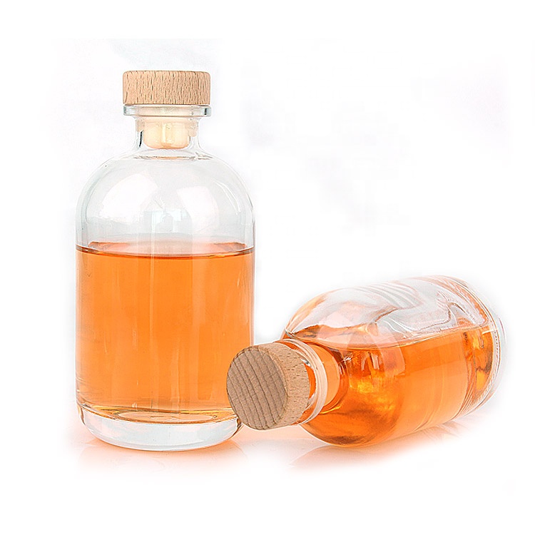 Hot sale fancy round 100ml 250ml 375ml 500ml clear fruit glass wine liquor bottle with cork stopper