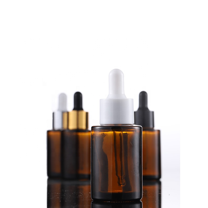 Hot sale flat shoulder amber bottles 30 ml amber glass dropper bottle with white dropper for essence essential oil
