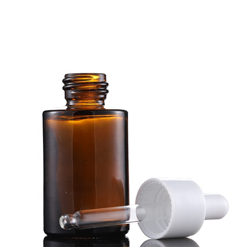 Hot sale flat shoulder amber bottles 30 ml amber glass dropper bottle with white dropper for essence essential oil