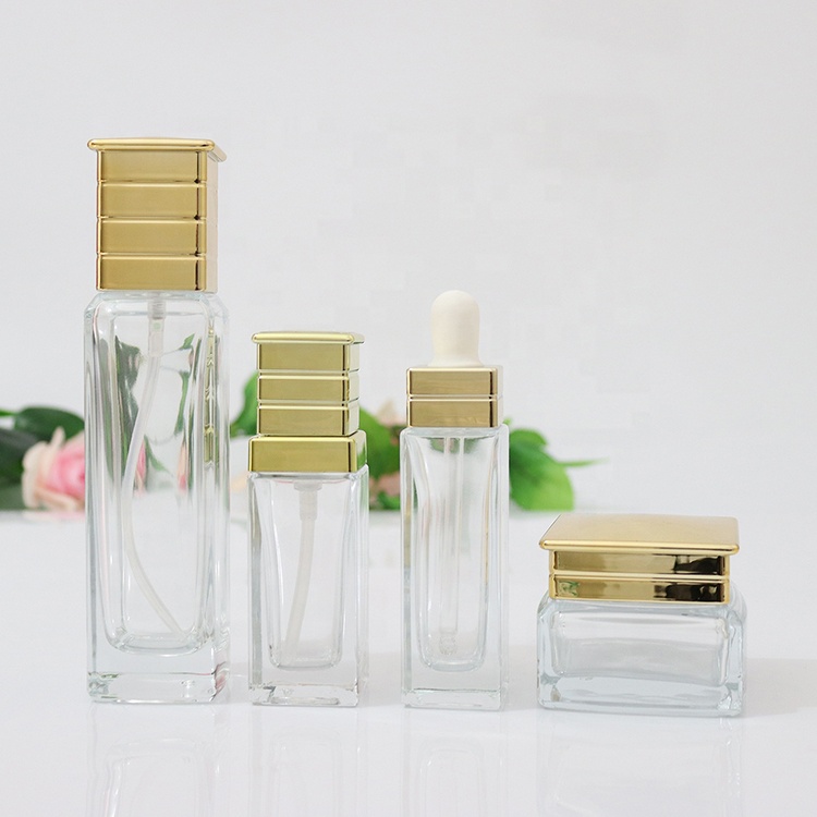 Hot sale glass cosmetic bottle set, glass cosmetic bottle and jars for personal skin care packaging