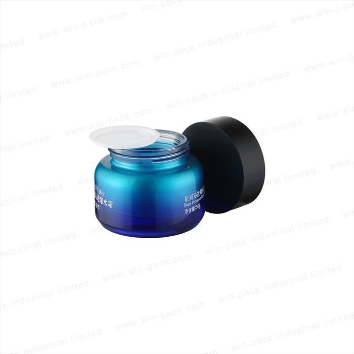 Hot sale glass lotion bottle and jar transparent blue color round shoulder toner bottle 40ml serum container and 50g jar