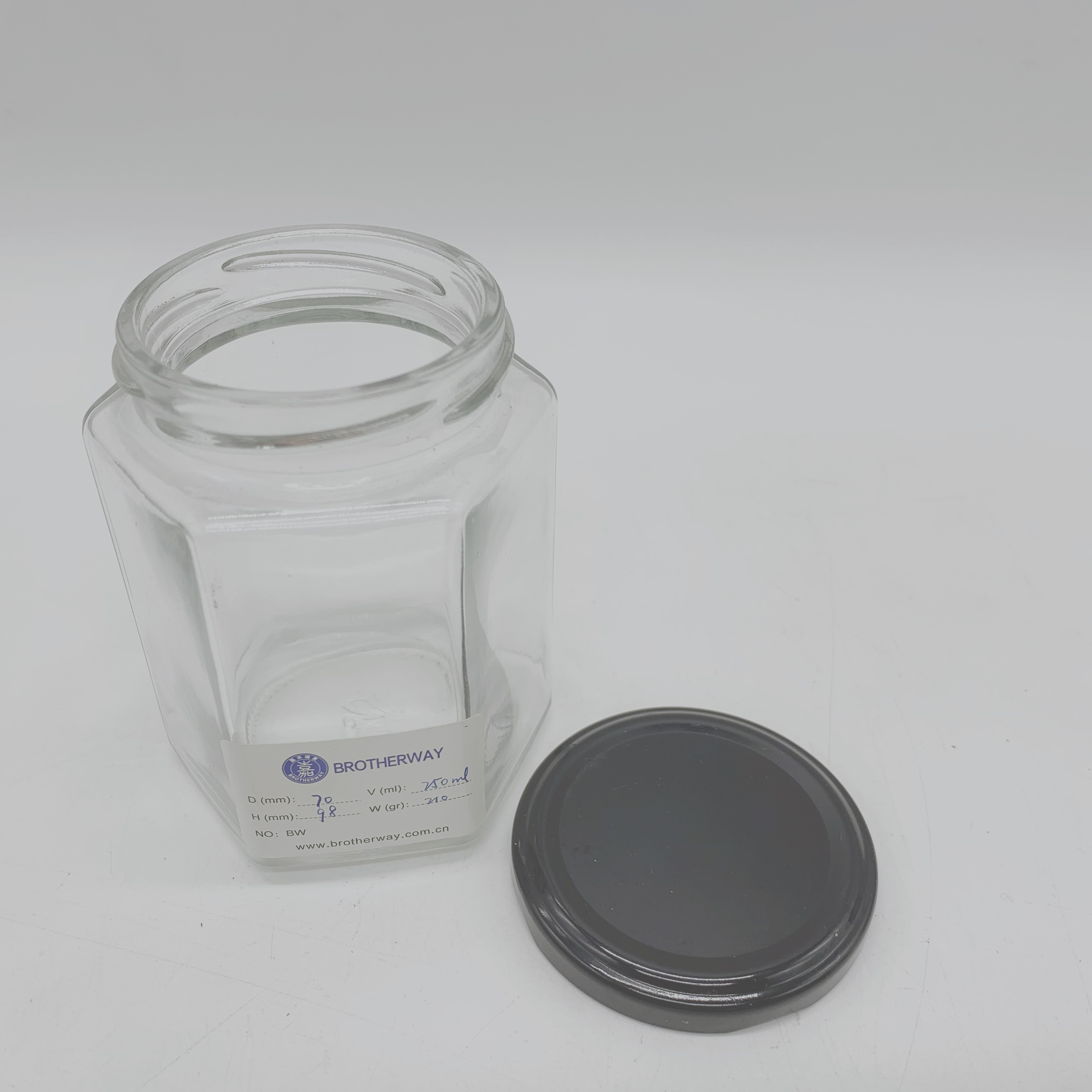 Hot sale high quality Hexagon glass honey jars with Metal Lid