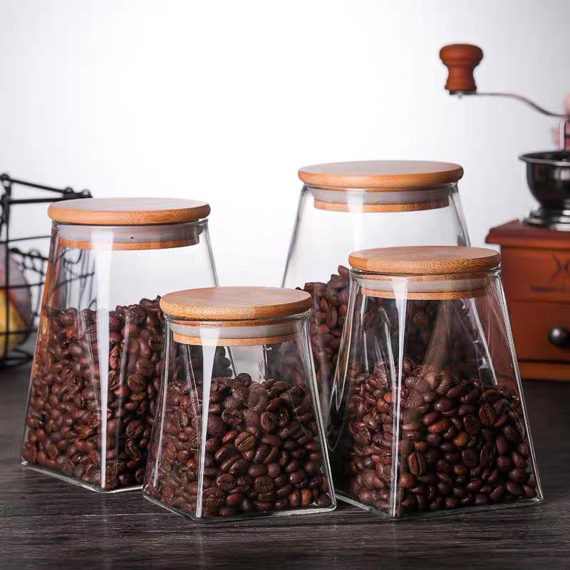Hot sale irregular square glass sealed jar kitchen food storage tank trapezoidal tea leaves container coffee bean storage tank
