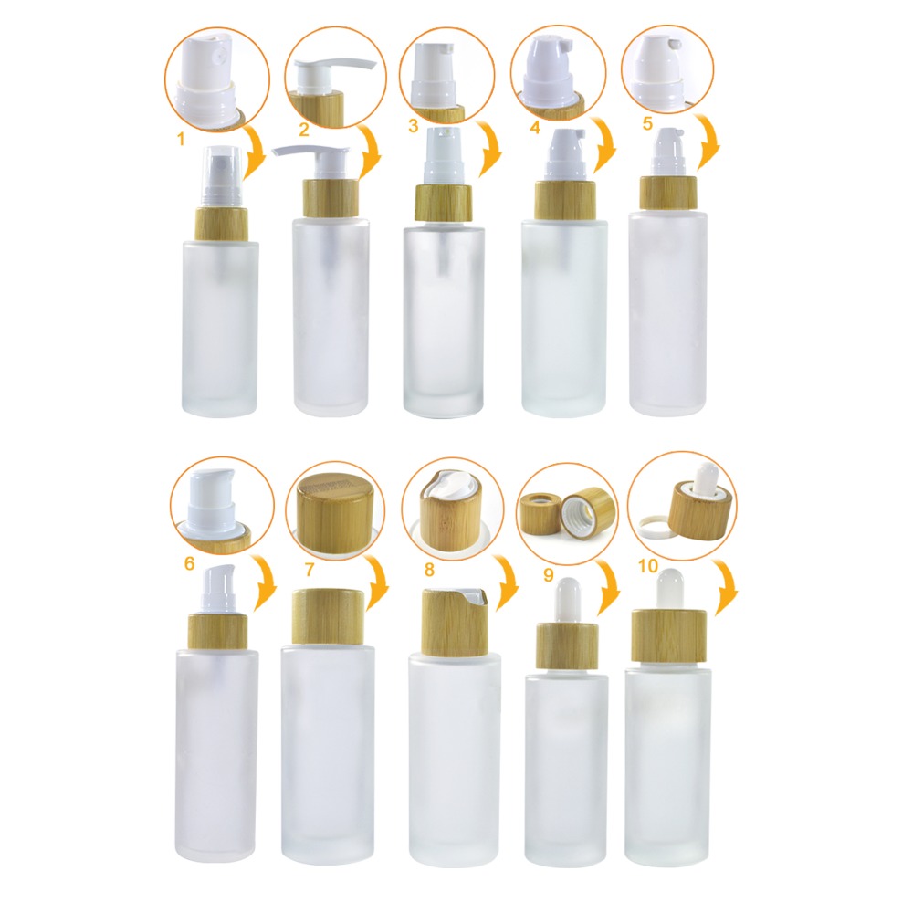 Hot sale luxury bamboo cosmetic packaging 30ml 50ml 100ml frosted clear glass bottle with bamboo caps