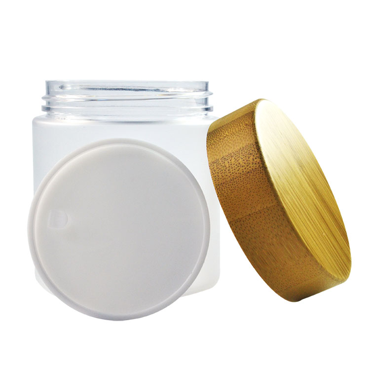 Hot sale natural 250g frosted clear cosmetic cream PET jar with bamboo lid