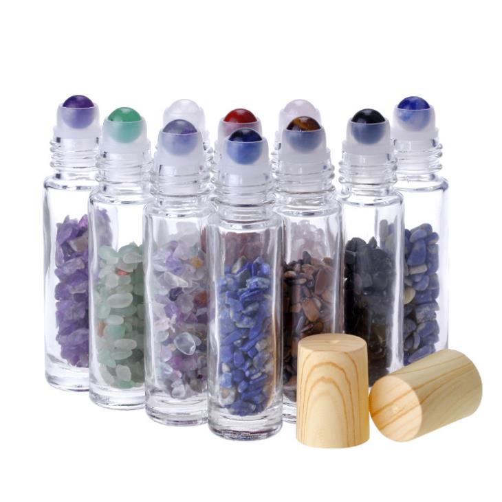 Hot sale natural jade stones perfume glass 10ml essential oil roll on bottles with gemstone roller