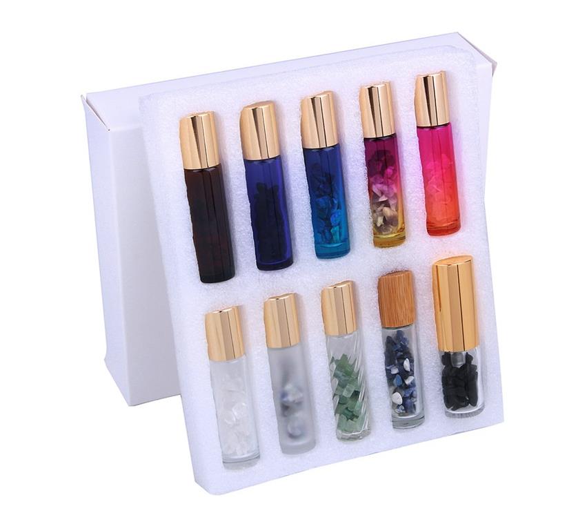 Hot sale natural jade stones perfume glass 10ml essential oil roll on bottles with gemstone roller
