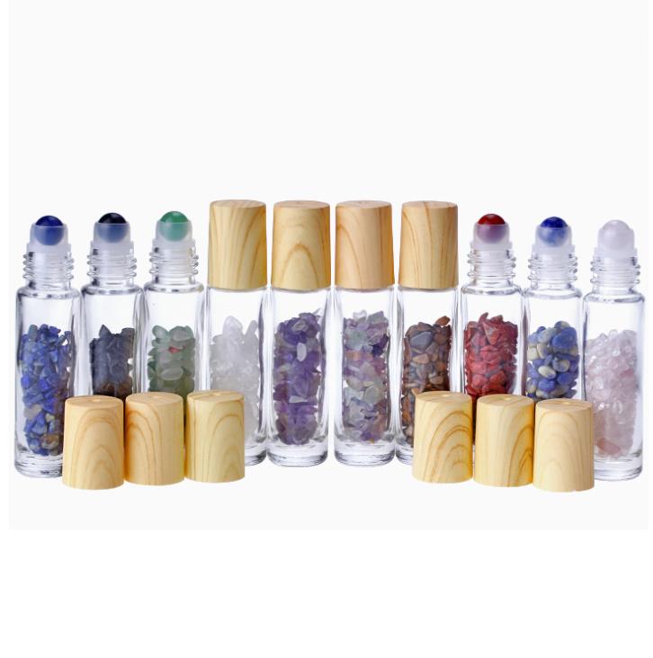 Hot sale natural jade stones perfume glass 10ml essential oil roll on bottles with gemstone roller
