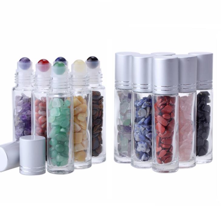 Hot sale natural jade stones perfume glass 10ml essential oil roll on bottles with gemstone roller