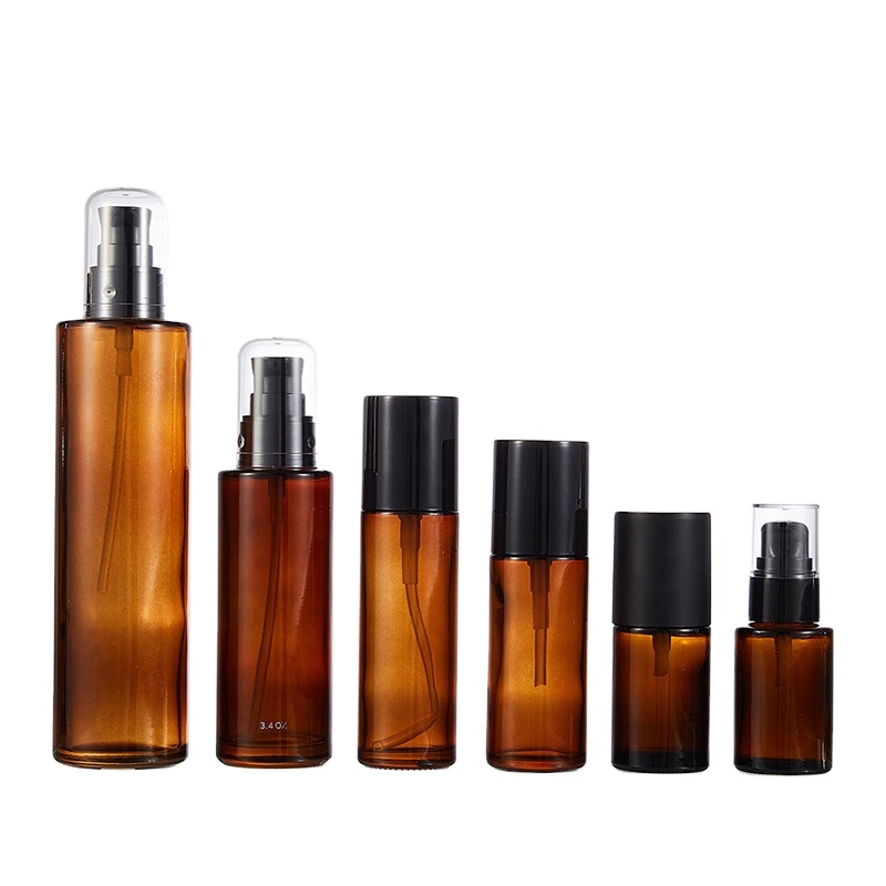 Hot sale new type round 30ml 40ml 60ml 100ml 200ml amber glass bottle with black pump