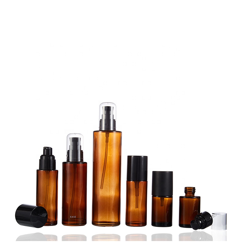 Hot sale new type round 30ml 40ml 60ml 100ml 200ml amber glass bottle with black pump