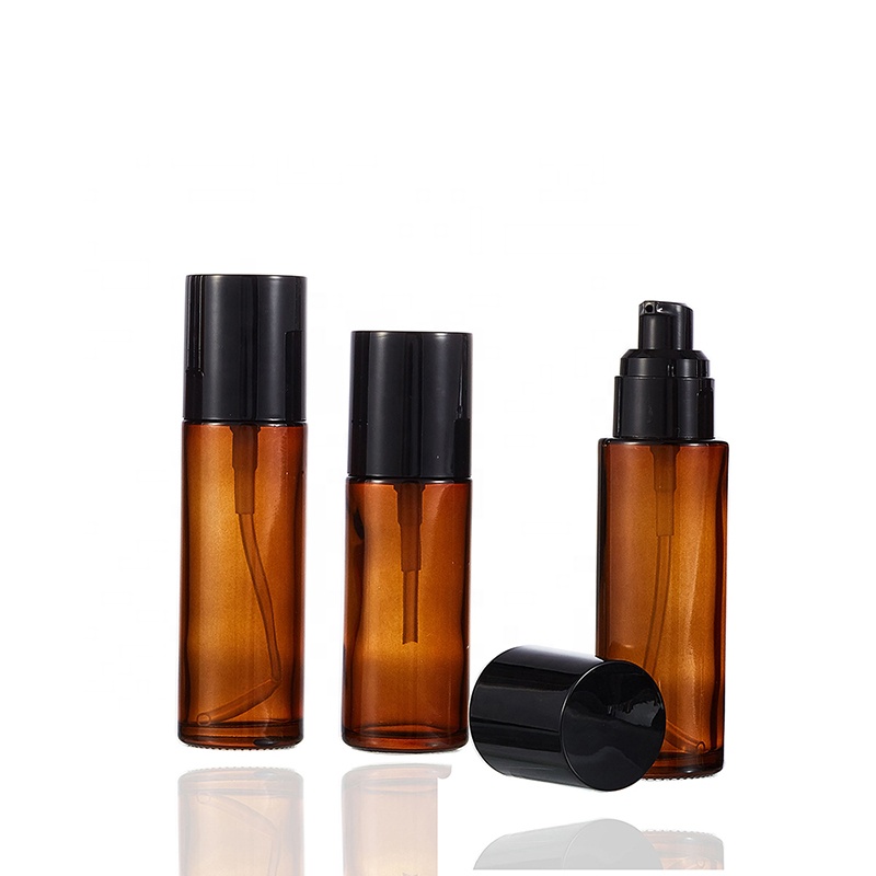 Hot sale new type round 30ml 40ml 60ml 100ml 200ml amber glass bottle with black pump