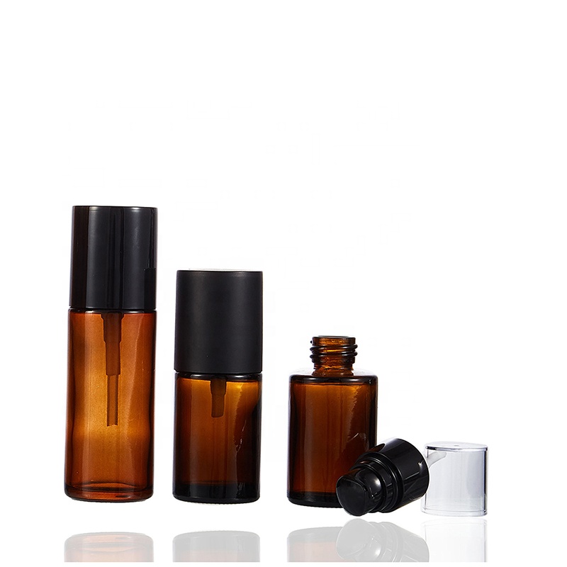 Hot sale new type round 30ml 40ml 60ml 100ml 200ml amber glass bottle with black pump