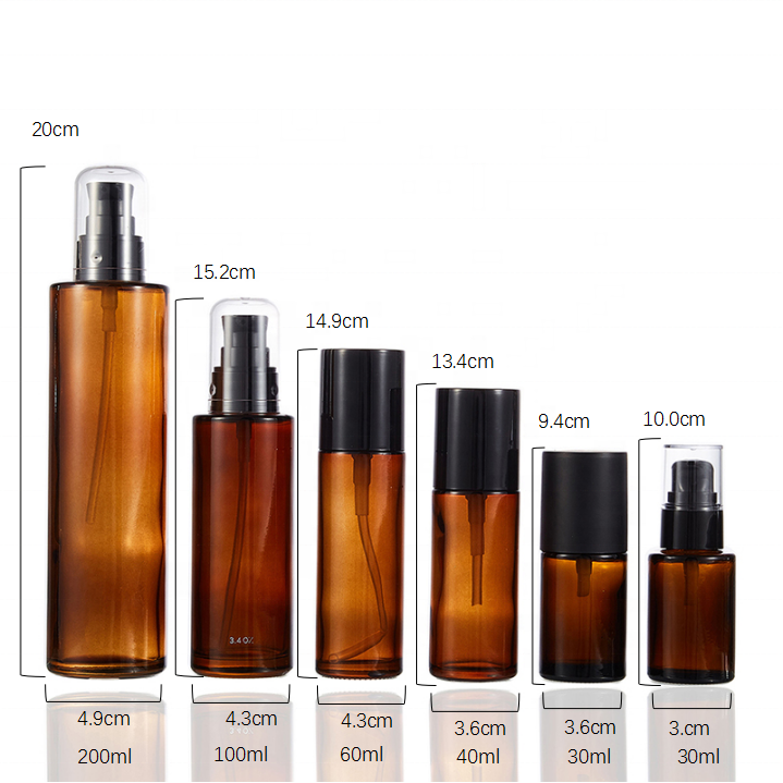 Hot sale new type round 30ml 40ml 60ml 100ml 200ml amber glass bottle with black pump
