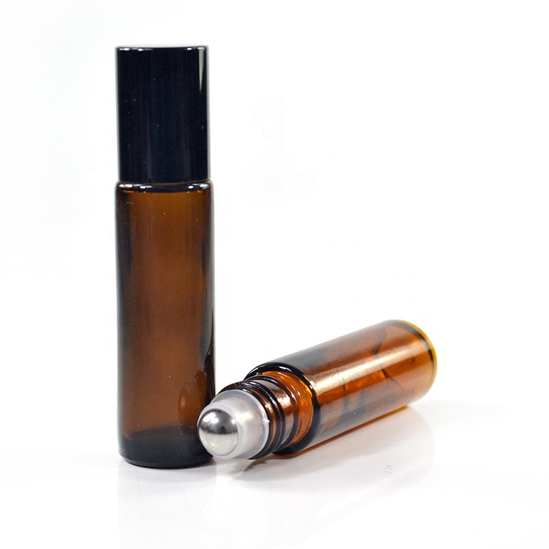 Hot sale perfume essential oil packaging 10ml amber glass roller bottle with black lid