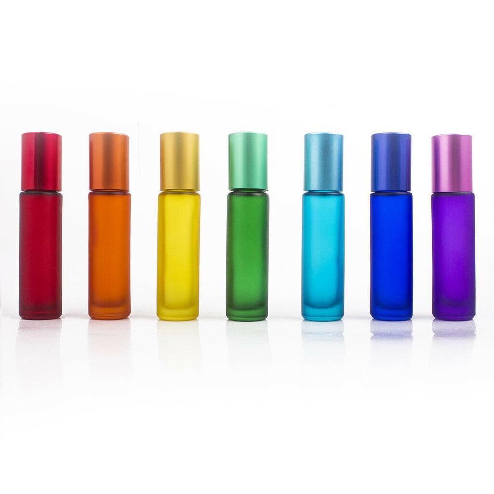 Hot sale rainbow color frosted red yellow blue green 10ml glass essential oil perfume roll on bottles