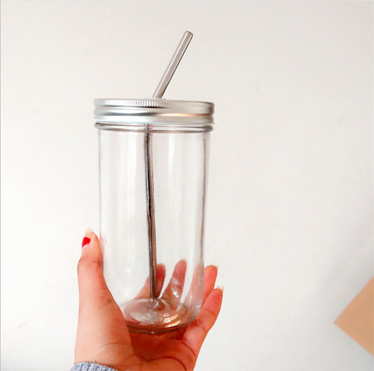 Hot sale reusable wide mouth boba tea jar 24oz 650ml bubble tea glass mason jar with metal lid and whole