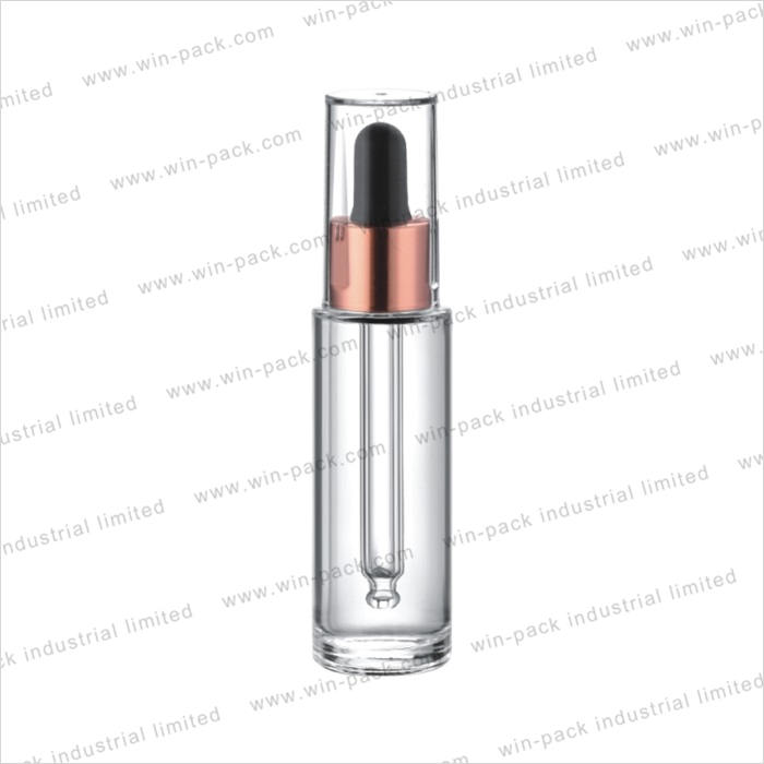 Hot sale round shape dropper bottle with flat shoulder shiny gold dropper with full transparent cover top 30ml