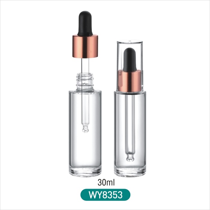 Hot sale round shape dropper bottle with flat shoulder shiny gold dropper with full transparent cover top 30ml