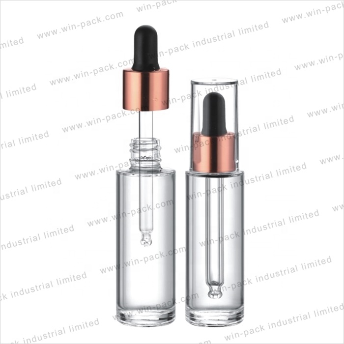 Hot sale round shape dropper bottle with flat shoulder shiny gold dropper with full transparent cover top 30ml