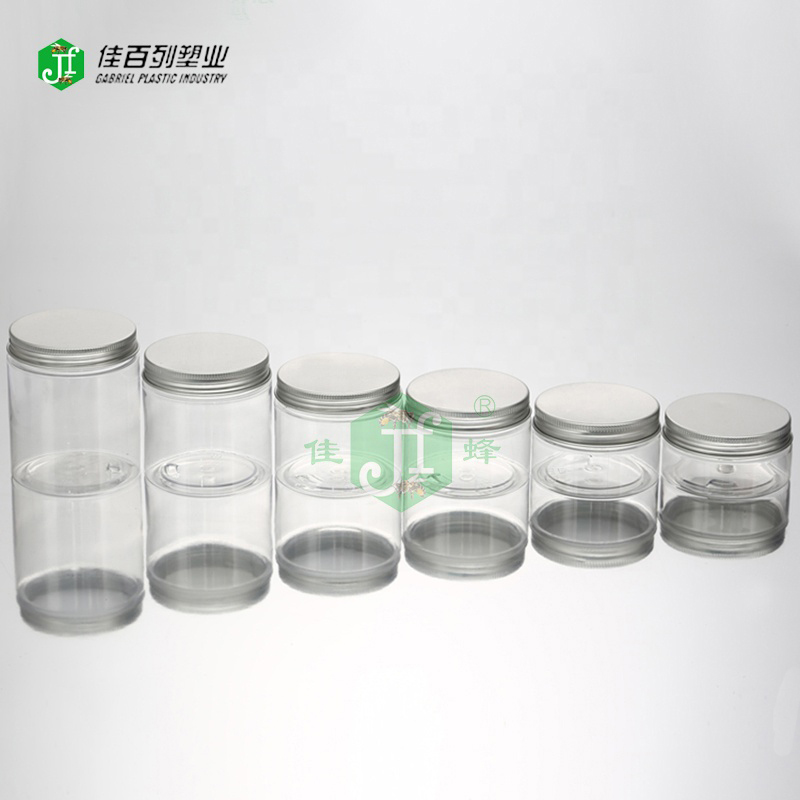Hot sale sliver aluminium lid round clear jar food grade 100 200 300ml pet plastic food jar
