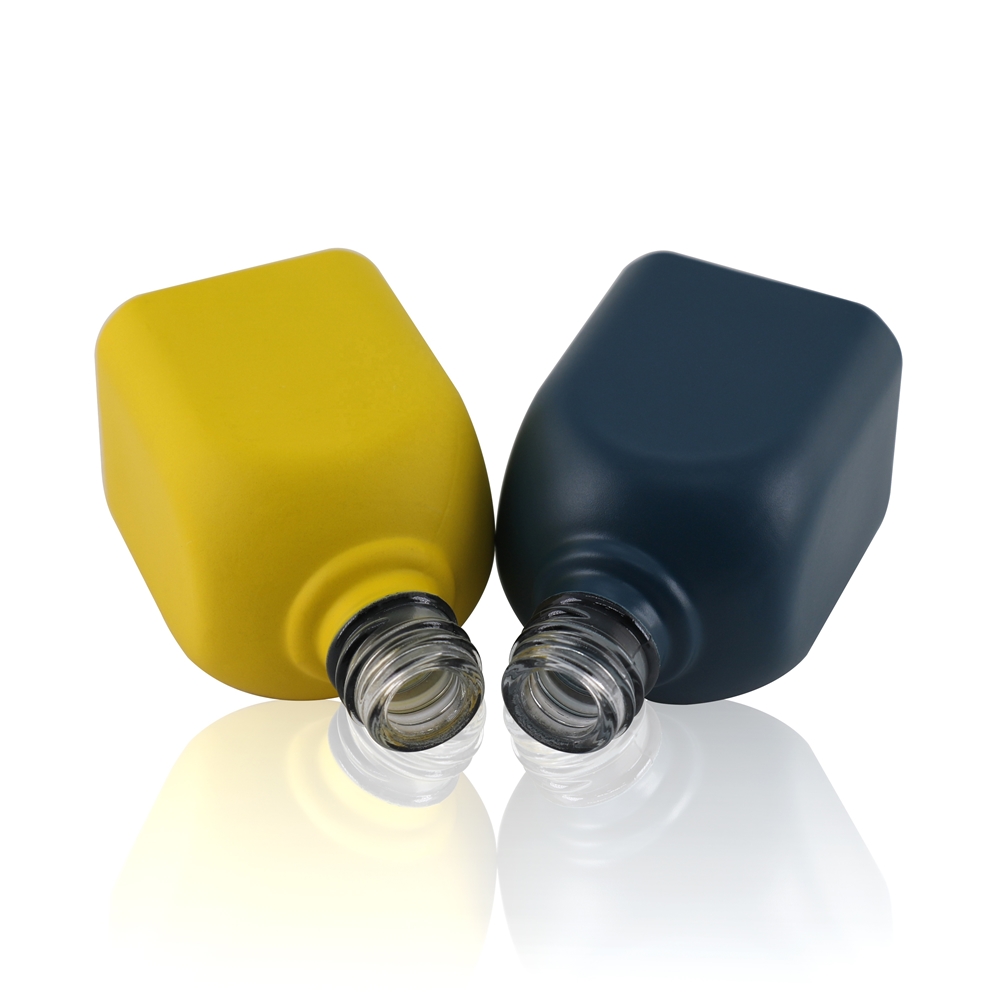 Hot sale square shape 12ml yellow color spray matte glass material nail gel polish bottle with electroplating cap