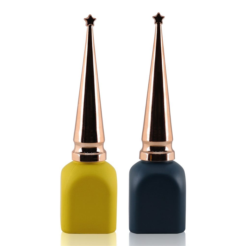 Hot sale square shape 12ml yellow color spray matte glass material nail gel polish bottle with electroplating cap