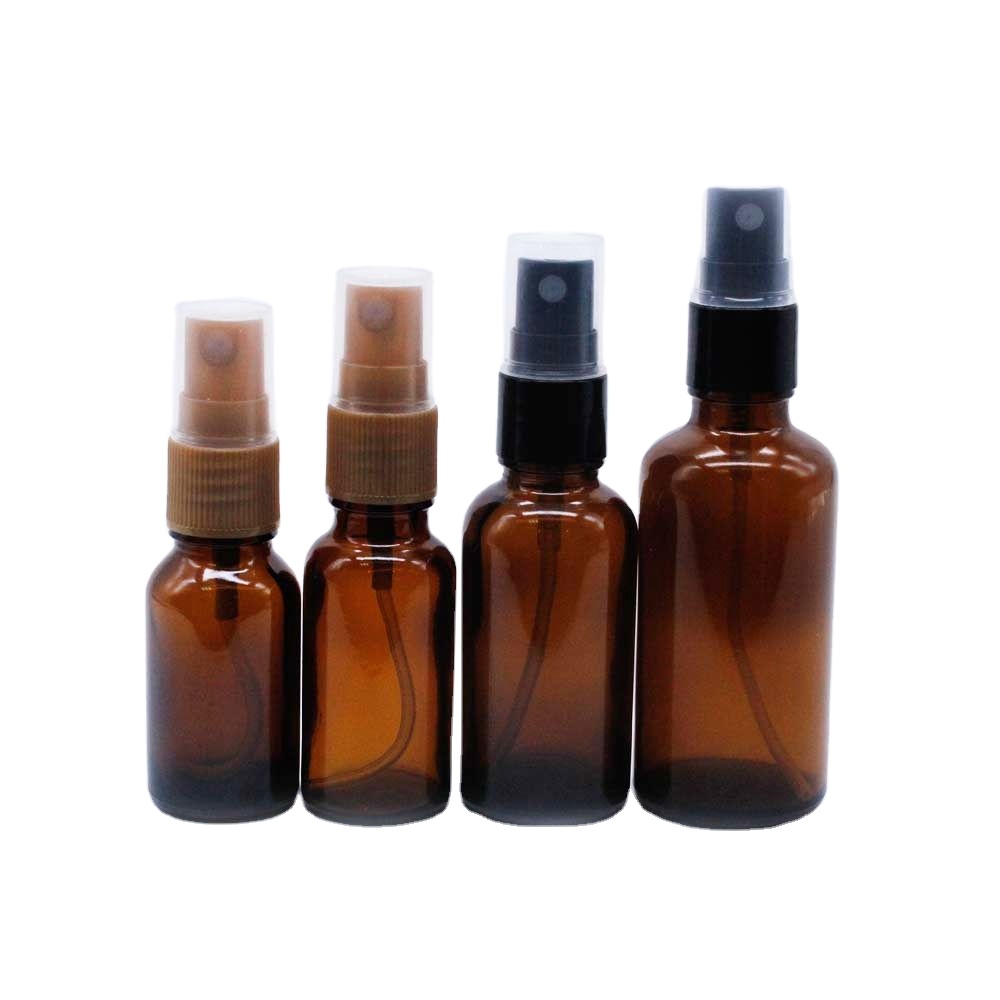 Hot sales 5 ml 10ml 15ml 20ml 30ml 50ml 100ml frosted Amber brown glass Essential Oil Bottle with European Dropper Cap spray