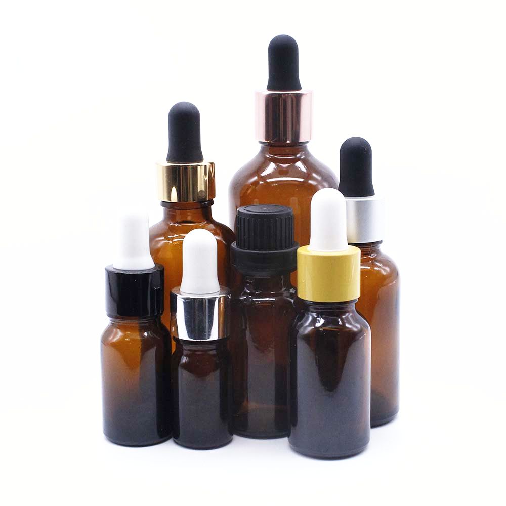 Hot sales 5 ml 10ml 15ml 20ml 30ml 50ml 100ml frosted Amber brown glass Essential Oil Bottle with European Dropper Cap spray