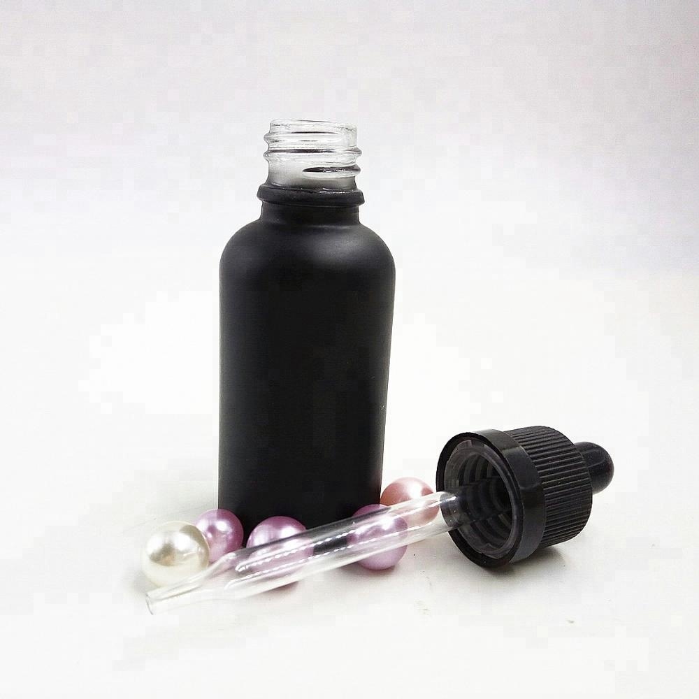 Hot sales 5ml 10ml 15ml 20ml 30ml 50ml 100ml Matte Black Frosted Beard Oil Glass Dropper Bottles With Childproof Cap