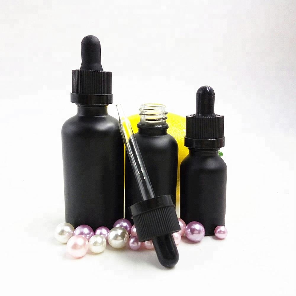 Hot sales 5ml 10ml 15ml 20ml 30ml 50ml 100ml Matte Black Frosted Beard Oil Glass Dropper Bottles With Childproof Cap