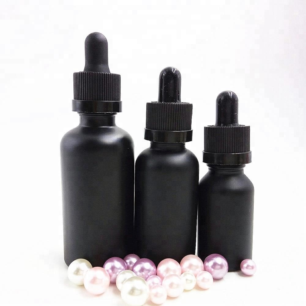 Hot sales 5ml 10ml 15ml 20ml 30ml 50ml 100ml Matte Black Frosted Beard Oil Glass Dropper Bottles With Childproof Cap