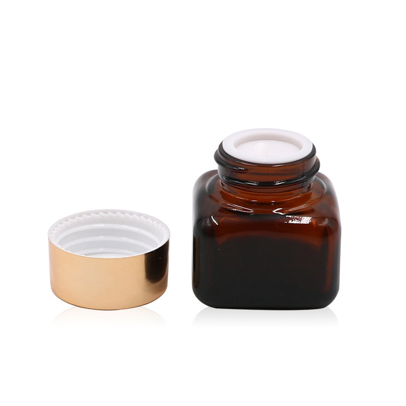 Hot sales cosmetic bottles mini square clear or brown glass cream jars lotion box with gold lids