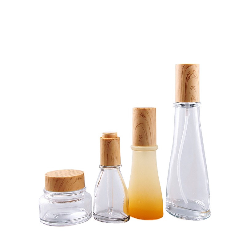 Hot sales cosmetic skin care  glass bottle set with bamboo screw lid