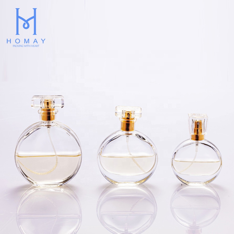 Hot sales square flat round shape cosmetic glass spray perfume bottle