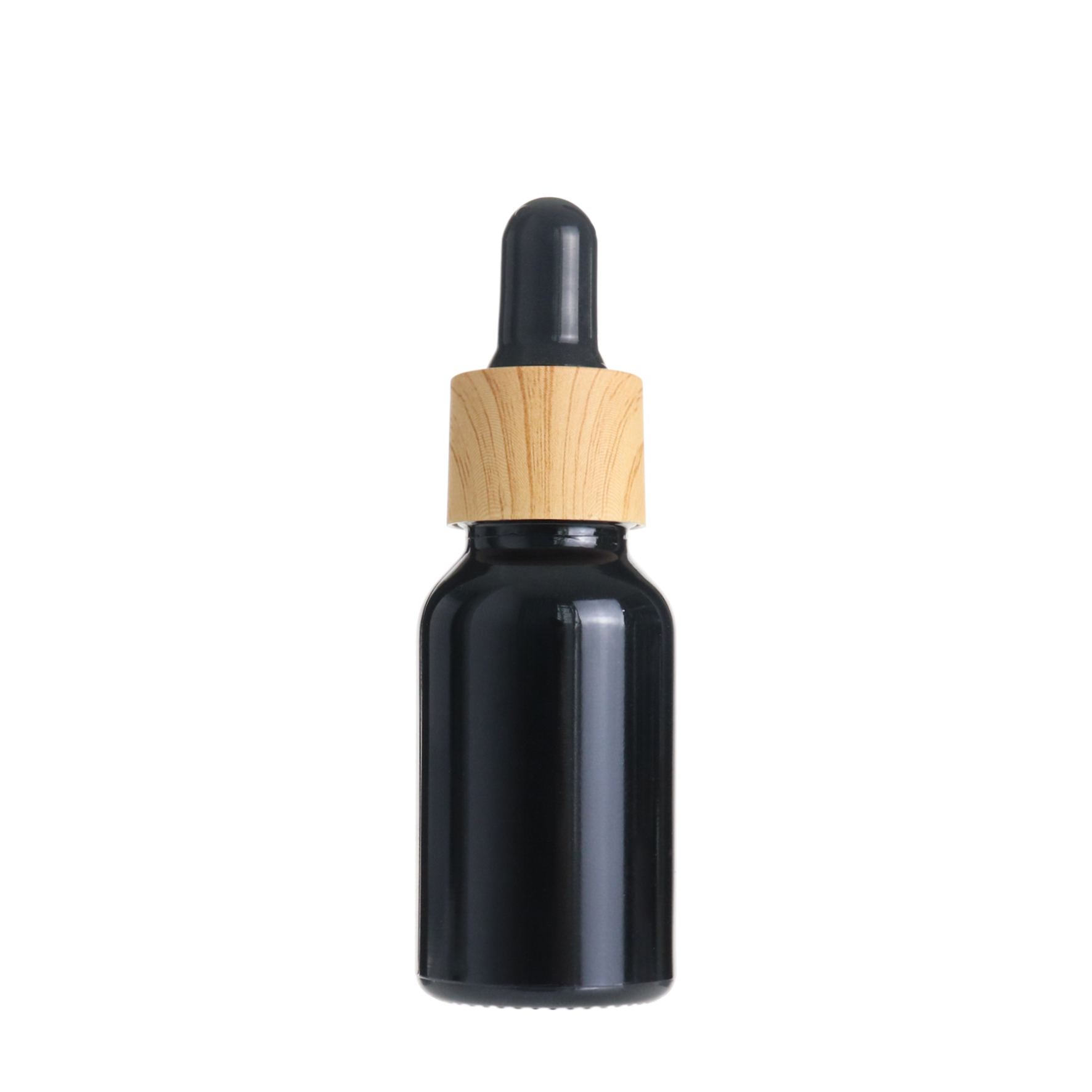 Hot saling 15ml 0.5oz round black glass essential oil dropper bottle with bamboo cap