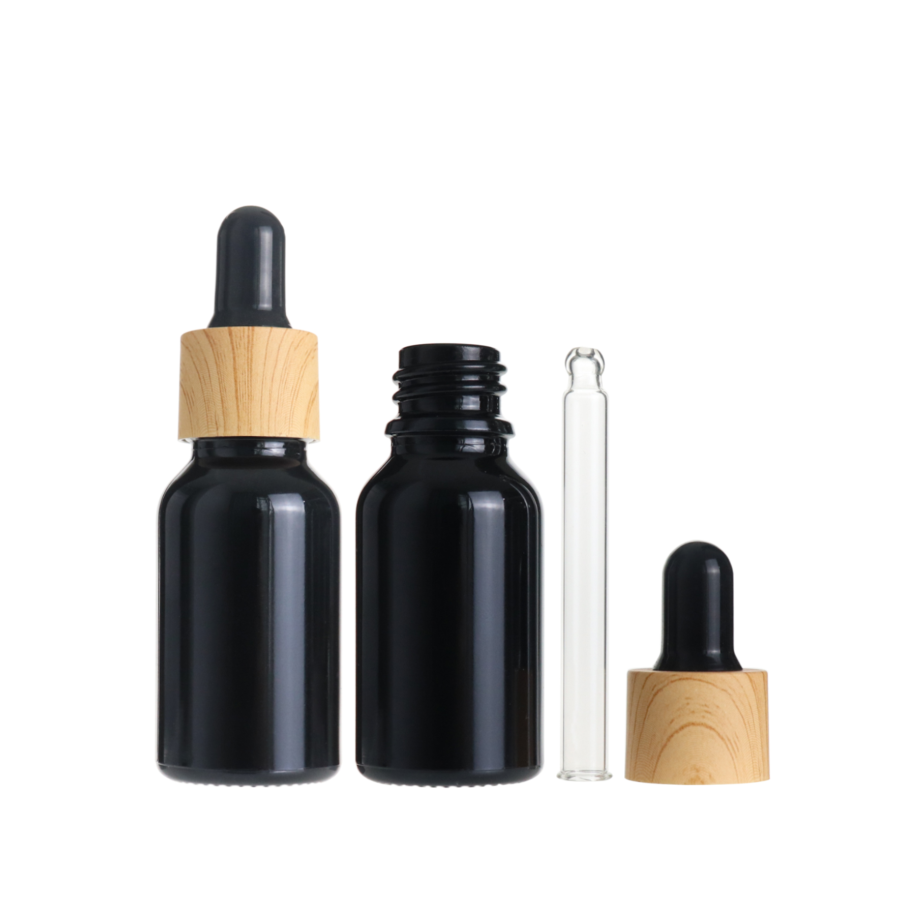 Hot saling 15ml 0.5oz round black glass essential oil dropper bottle with bamboo cap