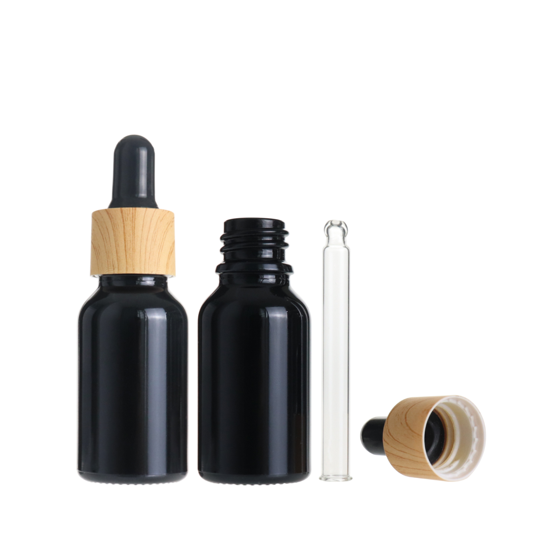 Hot saling 15ml 0.5oz round black glass essential oil dropper bottle with bamboo cap