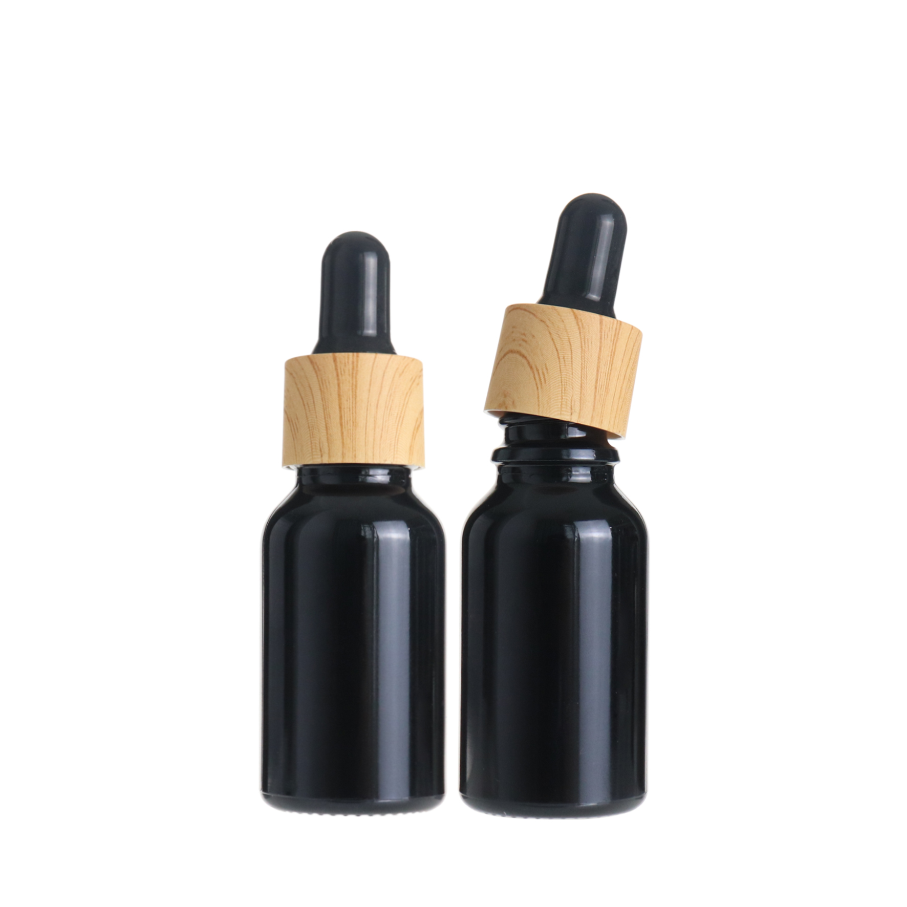 Hot saling 15ml 0.5oz round black glass essential oil dropper bottle with bamboo cap