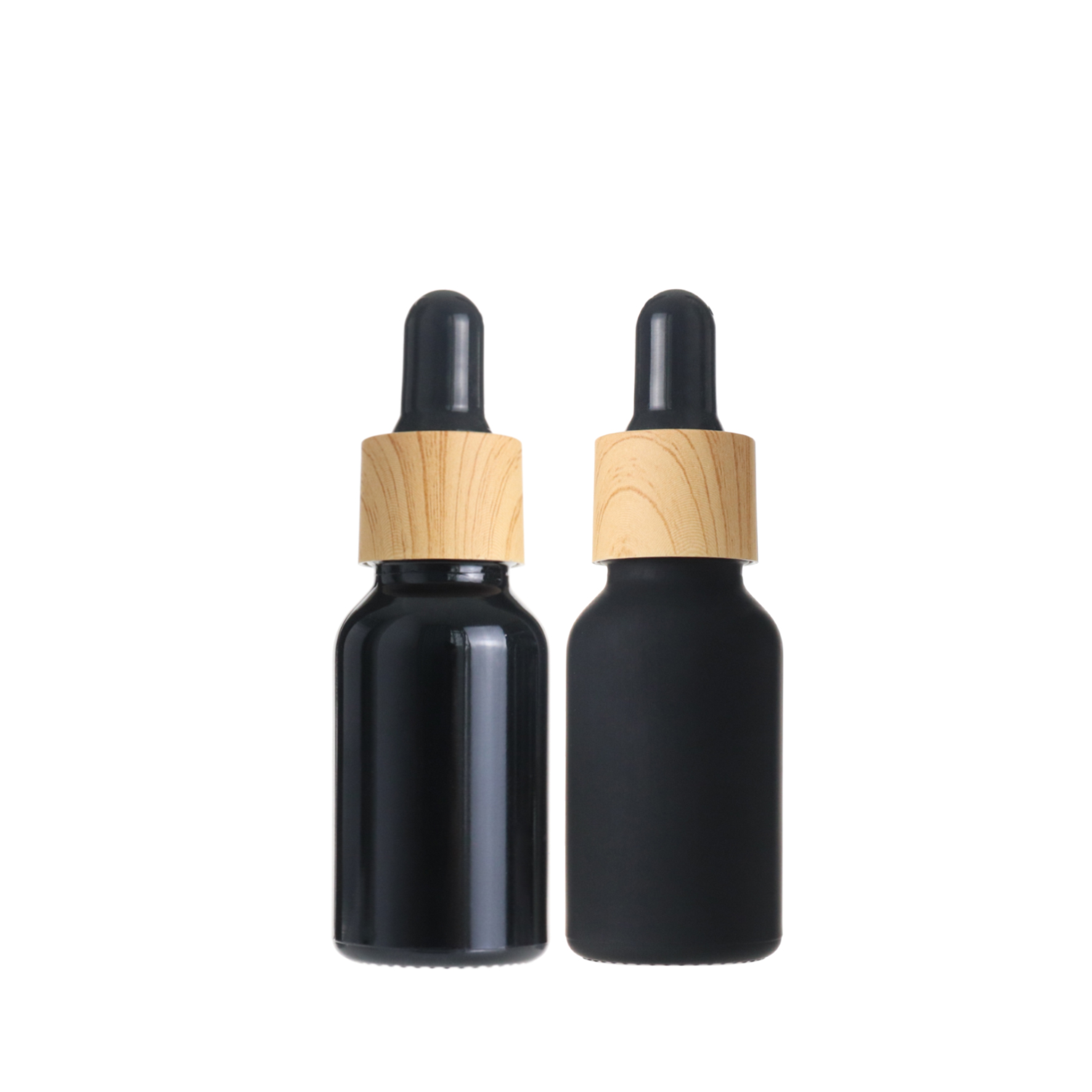 Hot saling 15ml 0.5oz round black glass essential oil dropper bottle with bamboo cap