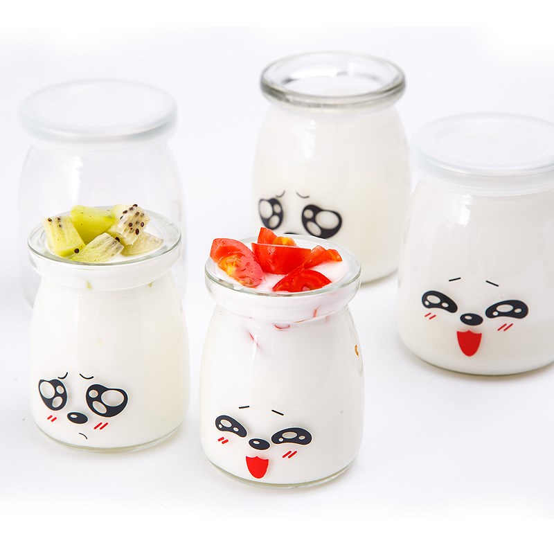 Hot sell 100ml 150ml 200ml Milk Pudding Milky tea bottle emoticons yogurt cup jelly mousse cup with plastic lid