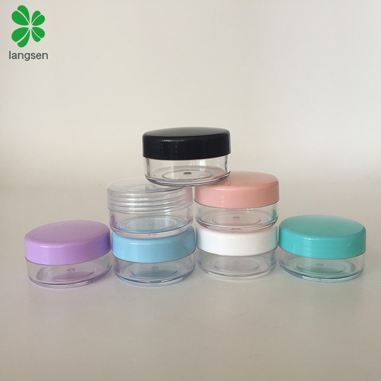 Hot sell 10g 10ml plastic clear pot jar container with black white clear pink purple green blue screw cap lid for cosmetics