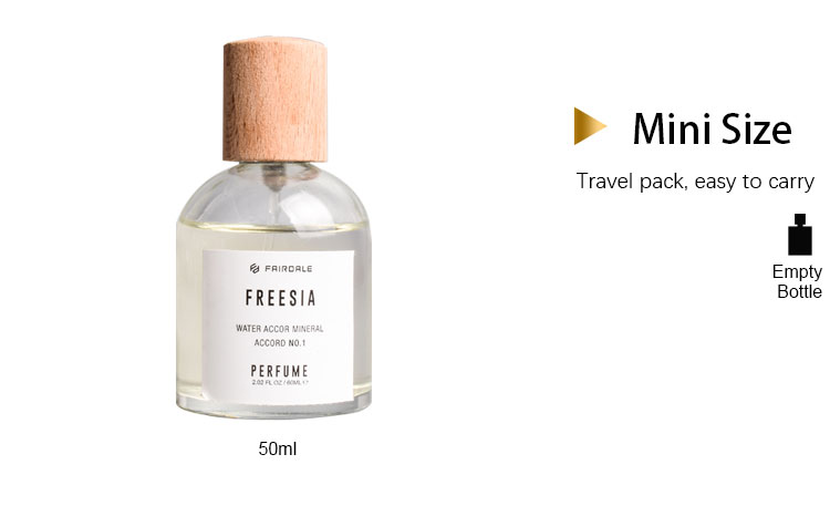 Hot sell 50ml glass perfume bottle with wood cap
