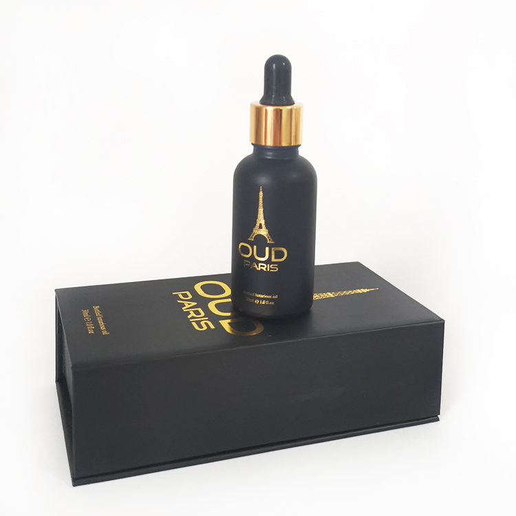 Hot sell CBD oil beard oil packing 30ml frosted black glass dropper bottle with gold logo printing and square gift box