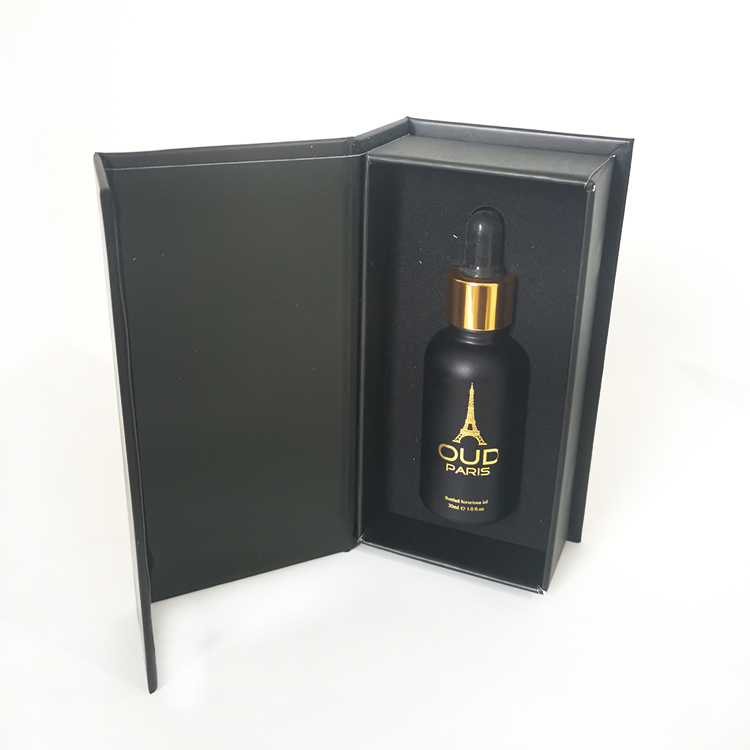Hot sell CBD oil beard oil packing 30ml frosted black glass dropper bottle with gold logo printing and square gift box